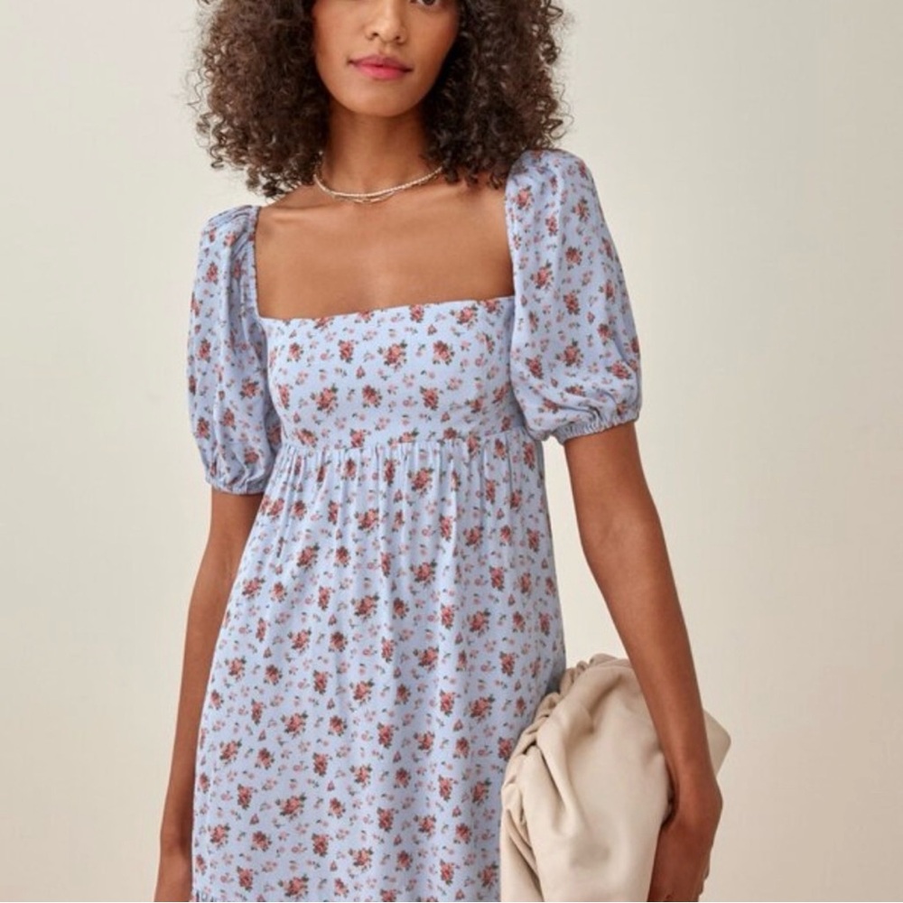 Reformation Bristol Floral Babydoll Mini Dress Petunia Blue XS Cottagecore